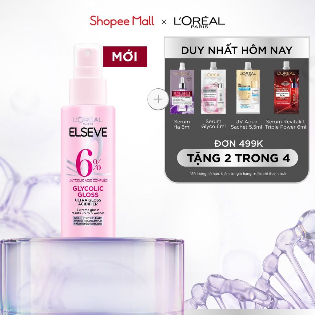 Xịt xả phủ bóng chuẩn salon & chống xơ rối với phức hợp 6% [Glycolic Acid] L’Oréal Paris Elseve Glycolic Gloss 100ml