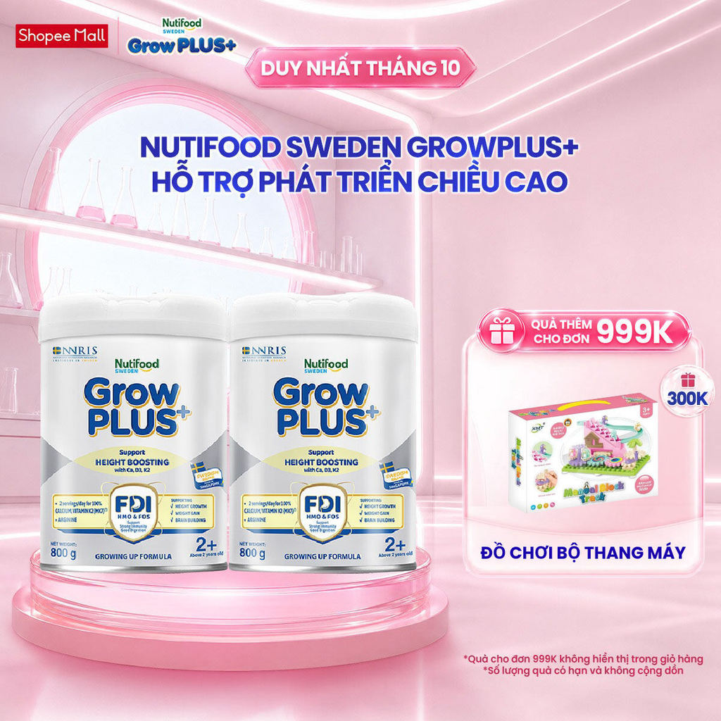 Combo 2 Sữa Bột Nutifood Sweden GrowPLUS+ Cao lớn vượt trội trên 2 tuổi (Bạc) 800g