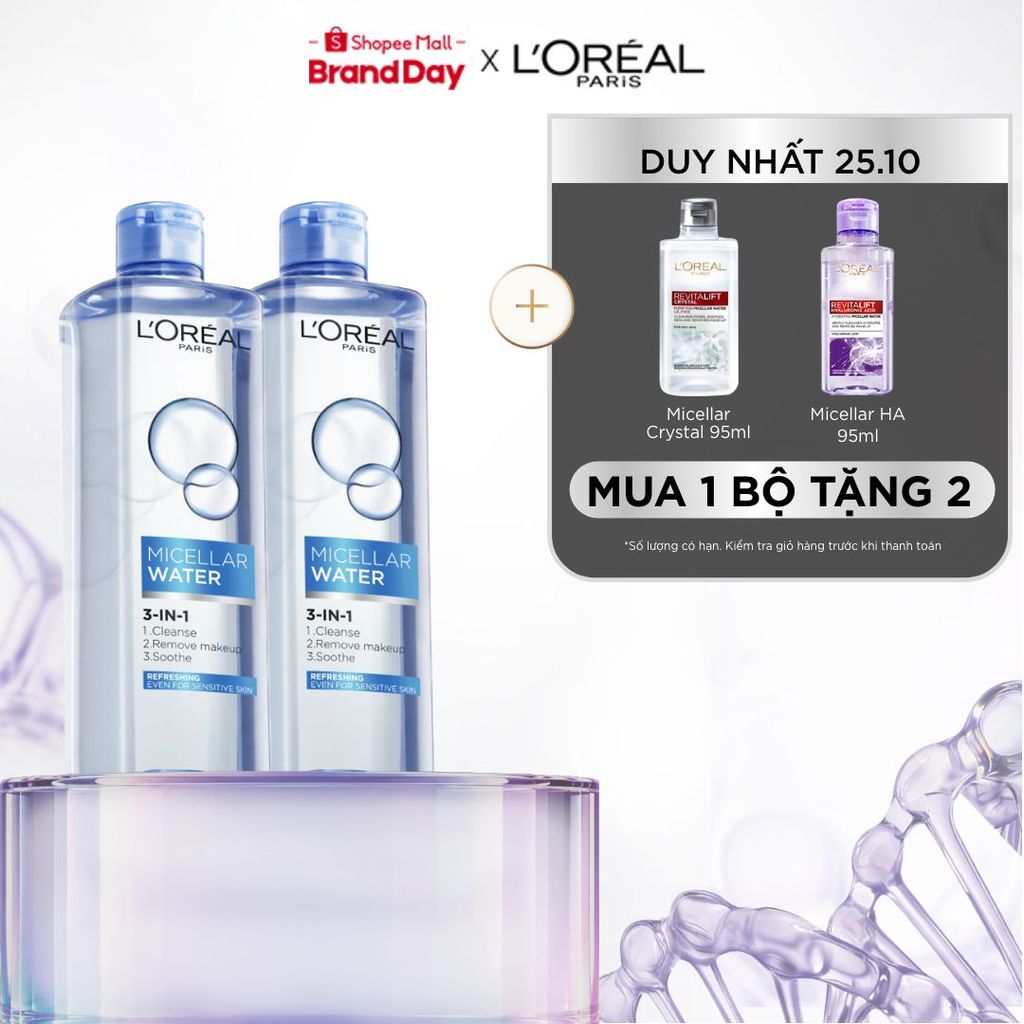 Bộ 2 nước tẩy trang đa năng 3in1 tươi mát L'Oreal Paris (xanh dương nhạt) 400ml