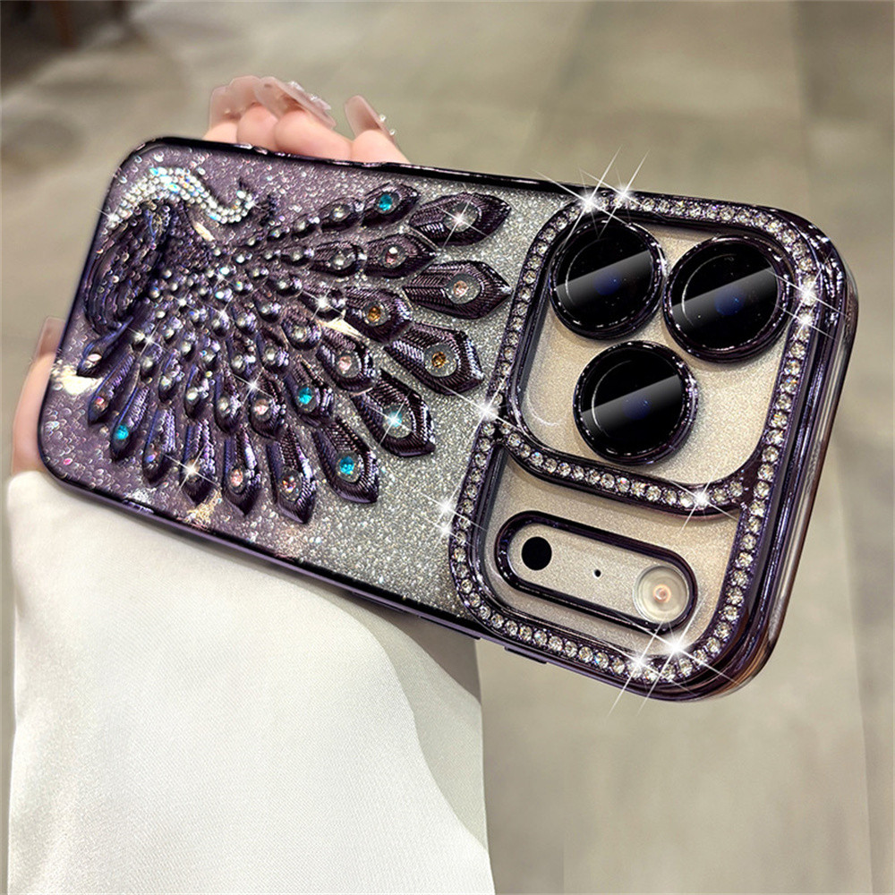 Ốp điện thoại hình con công 3D kim cương Flash sang trọng cho iPhone 17 Pro Max 16 13 14 15 Pro Max Air Phim bảo vệ gương chống rơi TPU mềm vỏ bảo vệ điện thoại