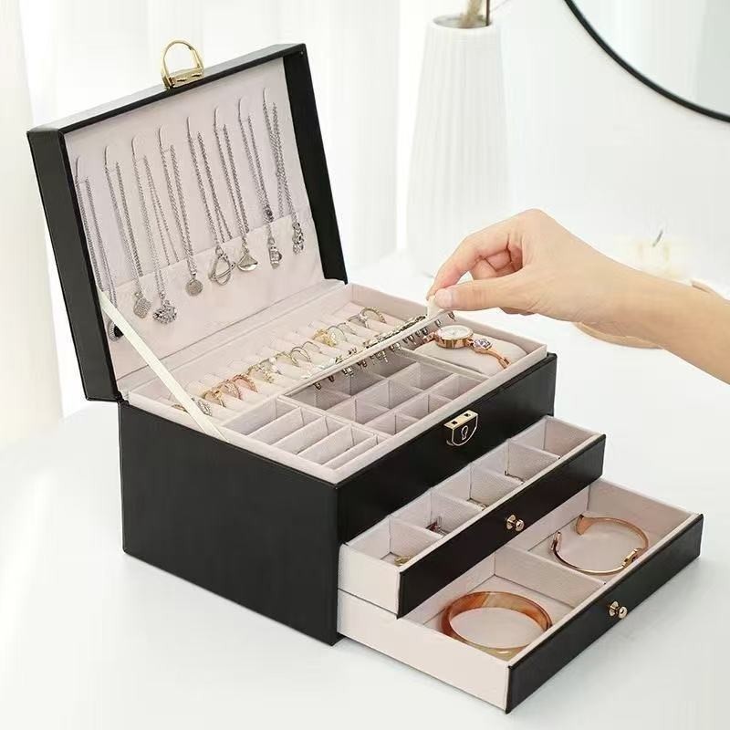 [ Kèm khóa] Hộp đựng trang sức 3 tầng, bọc da vân nổi, đa ngăn, hộp đựng nữ trang