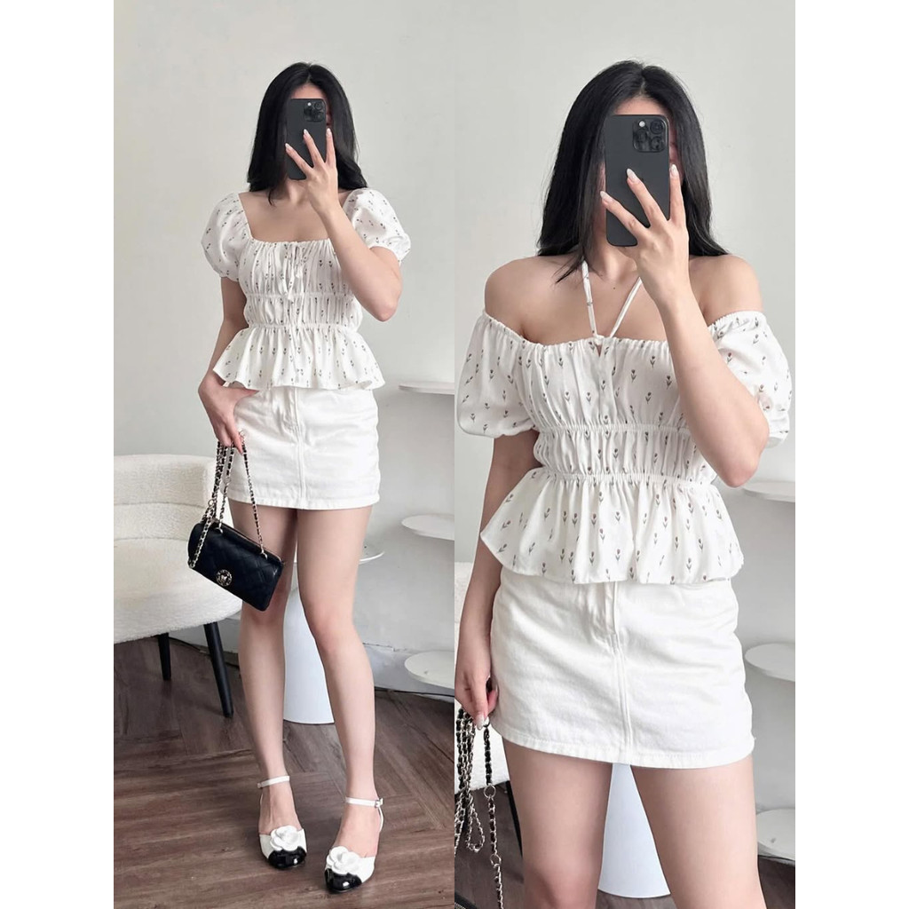 Áo Kiểu Babydoll Tay Ngắn Bo Chun Cột Nơ Chất Linen Mát, Áo Tay Phồng Họa Tiết Hoa Nhí_A490