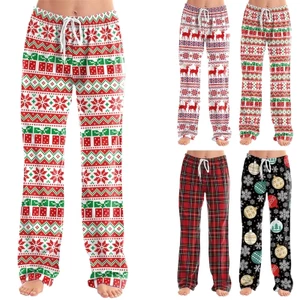 Quần Pyjama Giáng Sinh Nữ Lưới In Quần Đồ Ngủ Ống Rộng Có Dây Rút