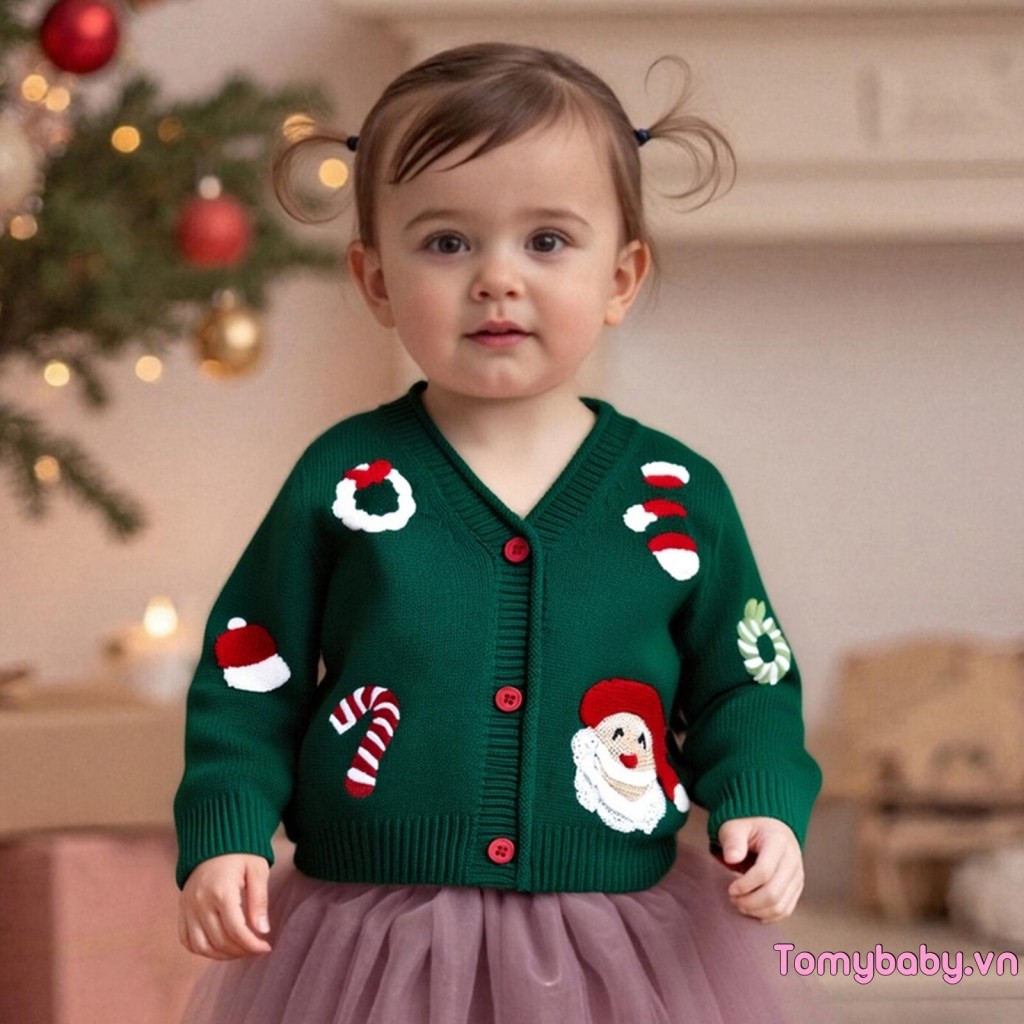 Áo len Cardigan Giáng sinh cho bé Santa Candy Cane Vòng hoa Nút xuống cổ chữ V Áo dệt kim dài tay