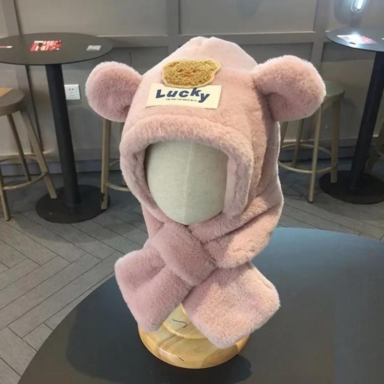 Lucky Mũ Len Gấu Lucky Kèm Khăn Cực Ấm Kèm Khăn Quàng Cổ Giữ Ấm Cho Mùa Đông Chất Liệu Mềm Mại Và Ấm Áp