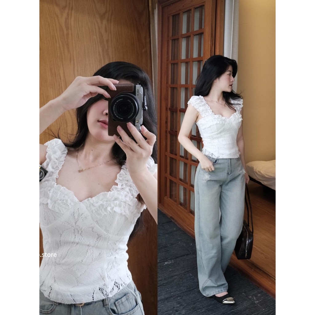 Áo Corset Ren Nữ Dáng Ôm Hai Lớp – Cổ Tim Bèo, Tùy Chọn Trễ Vai Phong Cách Tiểu Thư_A739