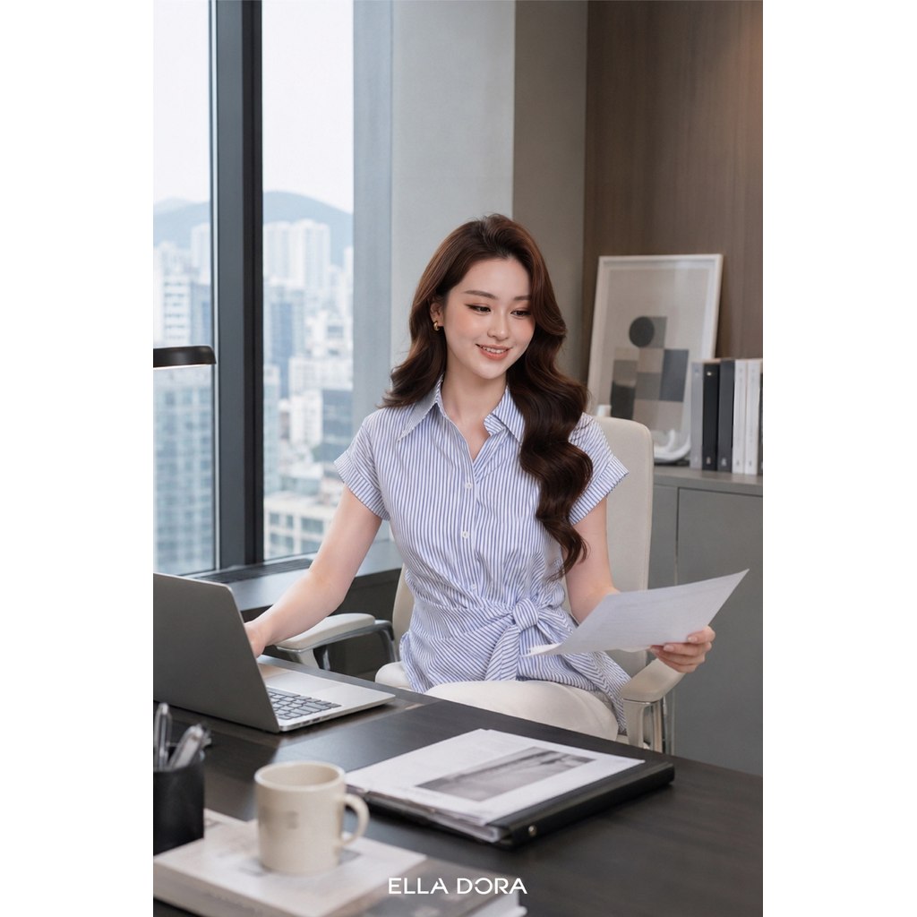 Áo sơ mi nữ ELLA DORA thắt nơ eo tạo dáng tay ngắn form gọn thanh lịch 2 màu TRẮNG/XANH [SM161]