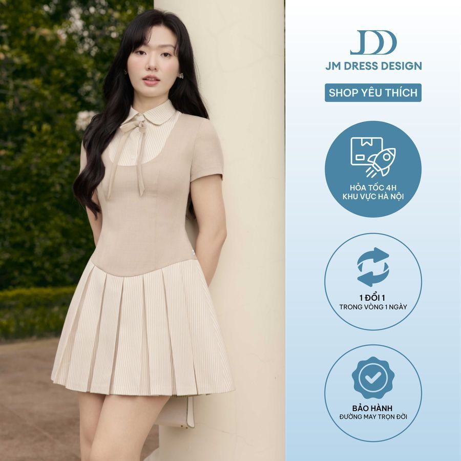 Đầm Xuân Hè Cổ Sen Cách Điệu, Phối Chân Xếp Ly Chụm 1S19.2602, Đầm Mini Form Ôm Nhẹ, Cổ Điển, Thanh Lịch Thiết Kế By JM