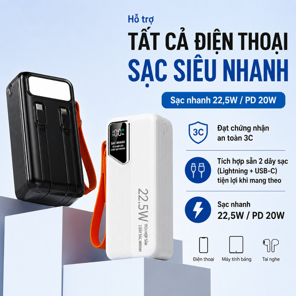 Sạc Dự Phòng 50000mAh Sạc Nhanh 22.5W Có Đèn Led Màn Hình Led