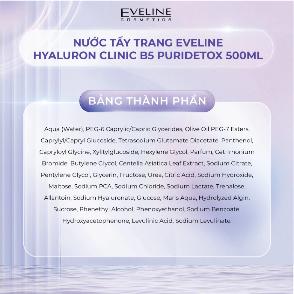 Nước tẩy trang Eveline Hyaluron Clinic B5 Puridetox làm sạch sâu cho da nhạy cảm 500ml