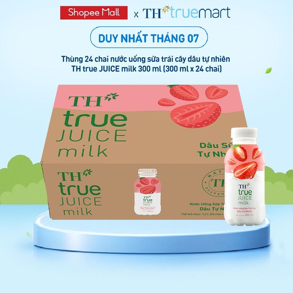 Thùng 24 chai nước uống sữa trái cây TH true JUICE milk dâu tự nhiên 300 ml (300 ml x 24)