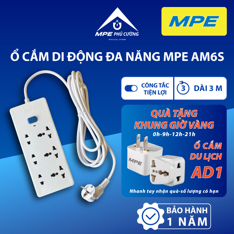 (CHÍNH HÃNG) MPE - Ổ cắm di động 3 ổ cắm đa năng 3 ổ cắm 2 chấu MPE seri AM6S, dây dài 3 mét, nút Tắt/ Mở nguồn