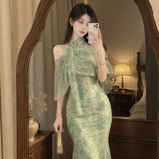 Váy đuôi cá xanh họa tiết hoa dịu dàng kiểu Trung Hoa thanh lịch và áo khoác mỏng mùa hè cho Nữ