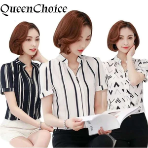 Áo Sơ Mi Nữ Sọc Tay Ngắn Nữ Mùa Hè Voan Cổ Chữ V Áo Sơ Mi