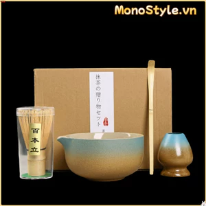 MONOSTYLE 4 CÁI Matcha Whisk Set, Bộ trà Matcha Nhật Bản có thể tái sử dụng bằng tre gốm, Giá đỡ máy đánh trứng Matcha Bát đánh trứng Bộ trà thìa trà Những người yêu thích trà