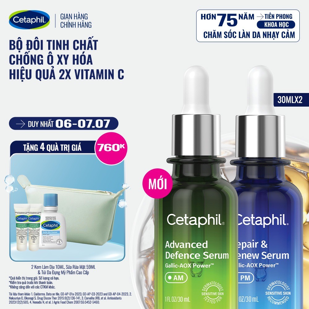 Combo 2 Serum Tinh chất bảo vệ dưỡng da Cetaphil Advanced Defence 30ml và Serum dưỡng da chuyên sâu Cetaphil Repair 30ml