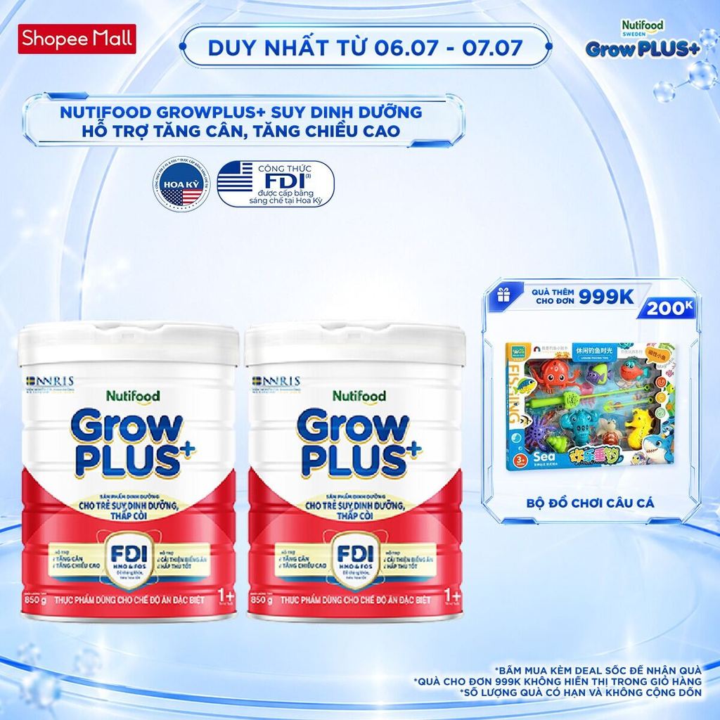 Combo 2 Sữa Bột Nutifood GrowPLUS+ Đỏ (Suy Dinh Dưỡng) 850g - Trên 1 Tuổi - Tăng Cân, Tăng Chiều Cao (2 Lon x Lon 850g)