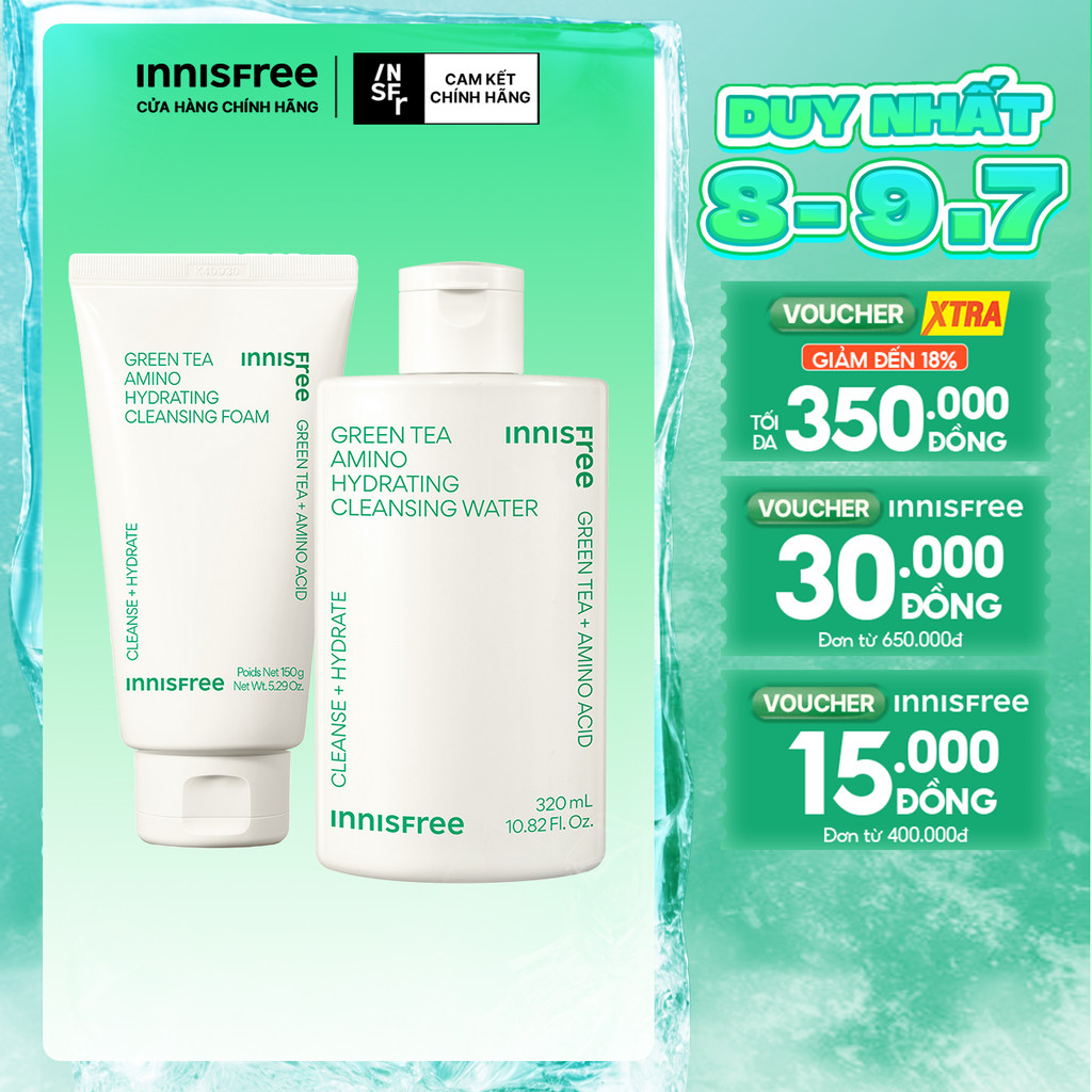 Bộ đôi làm sạch nước tẩy trang dưỡng ẩm Innisfree Green Tea Amino 320ml và Sữa rửa mặt Green Tea Foam 150g