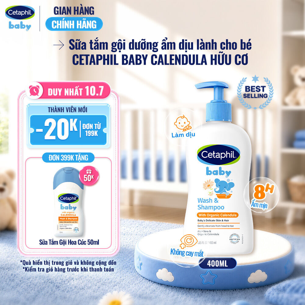 Sữa tắm gội dưỡng ẩm dịu lành cho bé với Calendula hoa cúc hữu cơ CETAPHIL BABY W&SHAMPOO CALENDULA 400ML