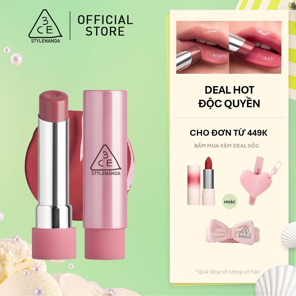 Son Bóng 3CE Glazy Lip Glow Dưỡng Môi Căng Mọng, Mềm Mịn, Lên Màu Chuẩn Sắc, Không Bết Dính, Tự Nhiên