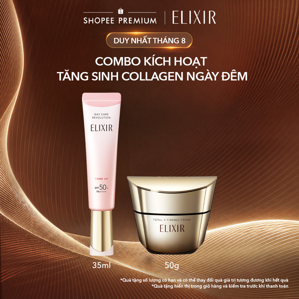 COMBO Kem dưỡng cải thiện chảy xệ ngăn ngừa lão hóa ELIXIR TOTAL V FIRMING CREAM 50g + Sữa chống nắng nâng tông ELIXIR S