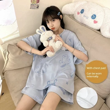 đồ bộ nữ đồ mặc nhà đồ ngủ nữ Đồ ngủ có đệm ngực bộ đồ hoạt hình 100% cotton mỏng chống lồi mùa hè cho nữ đồ mặc nhà mùa hè màu xanh ngọt ngào đáng yêu