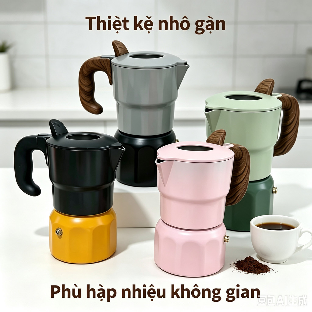 Ấm Moka Pot Phối Màu Pastel Vintage 140ml 280ml - Bình Pha Cà Phê Espresso Mini Decor Văn Phòng Tay Cầm Vân Gỗ