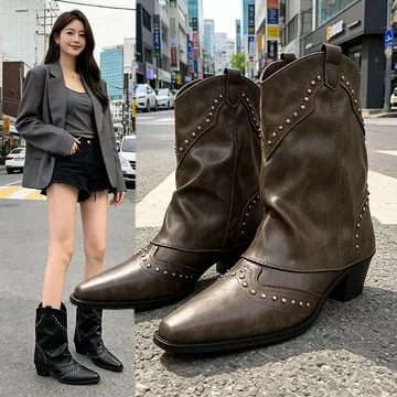 Phiên Bản Hàn Quốc Retro Đinh Tán Quần Cao Cấp Giày Bốt Nữ Pháp Giày Bốt Nữ Châu Âu Mỹ Size Lớn Giày Bốt Nữ Tây Cao Bồi Giày Hiệp Sĩ Giày Bốt Ngắn Nhỏ Nữ