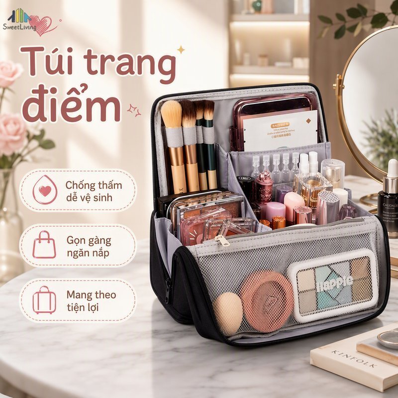Túi trang điểm đứng nam châm, chống thấm PU, nhiều ngăn phân loại, dung tích lớn, du lịch công tác