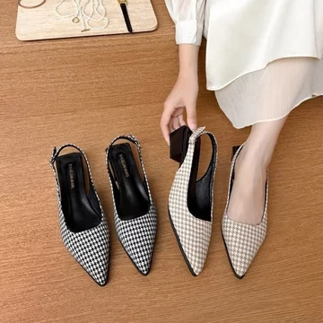Phụ nữ Houndstooth Mũi Nhọn Dây Đeo Sau Máy Bơm Giày Cao Gót Vuông Gót Thấp Dây Đeo Sau Dép, Dây Đeo Sau Kiểm Tra Giày Trang Phục, Giày Cao Gót Văn Phòng Phong Cách Thanh Lịch, Dây Đeo Sau Có Thể Điều