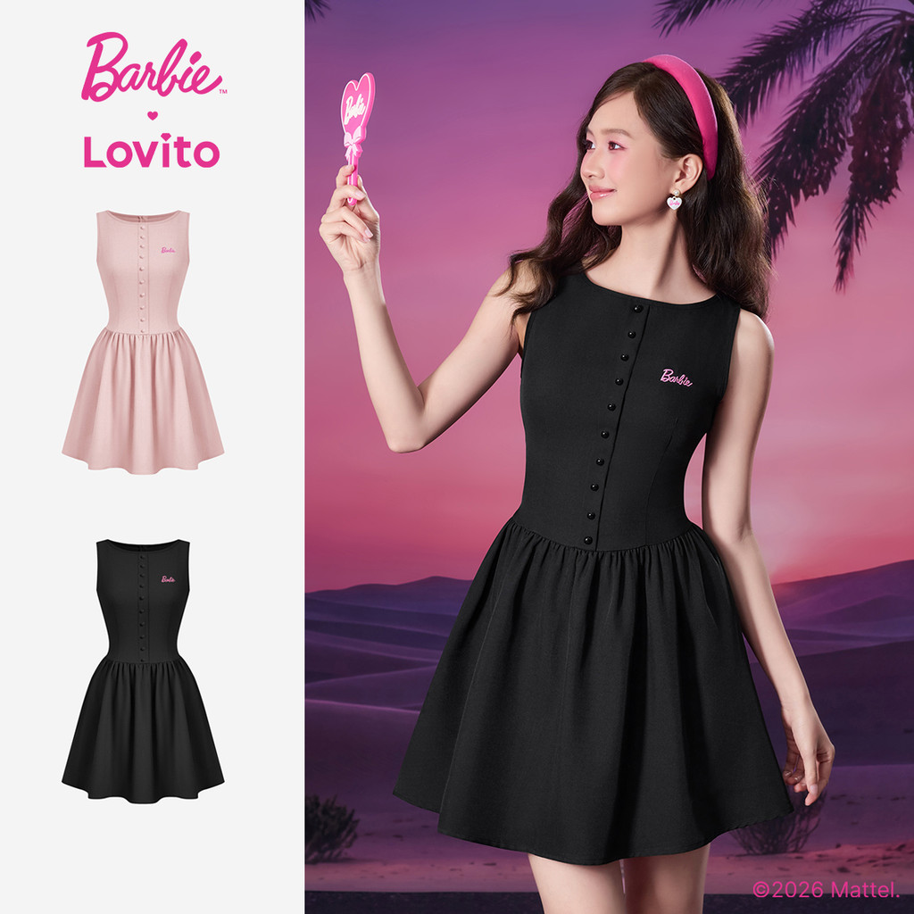 Barbie™ X Lovito Váy Đầm Nữ Mini Hồng Xuân/Hè Dáng A Nút Trước Thêu Họa Tiết Vai Trống LBL5AD011