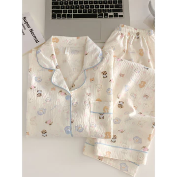 set thu đông nữ bộ đồ ngủ nữ dài tay Đồ ngủ dài tay chó con dễ thương kiểu Nhật instagram đồ mặc nhà thiếu nữ dễ thương sợi bông tinh khiết mây mùa xuân và mùa hè cho nữ