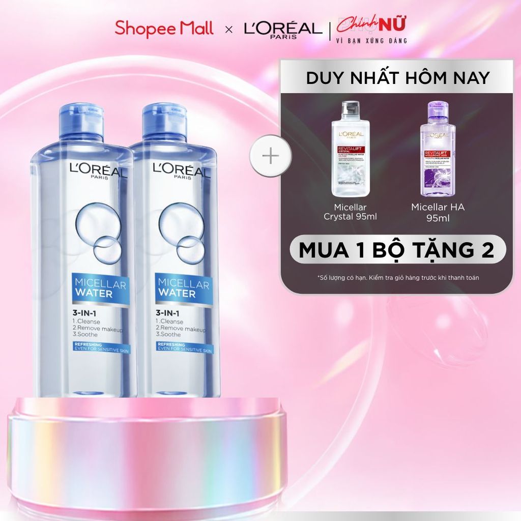 Bộ 2 nước tẩy trang đa năng 3in1 tươi mát L'Oreal Paris (xanh dương nhạt) 400ml