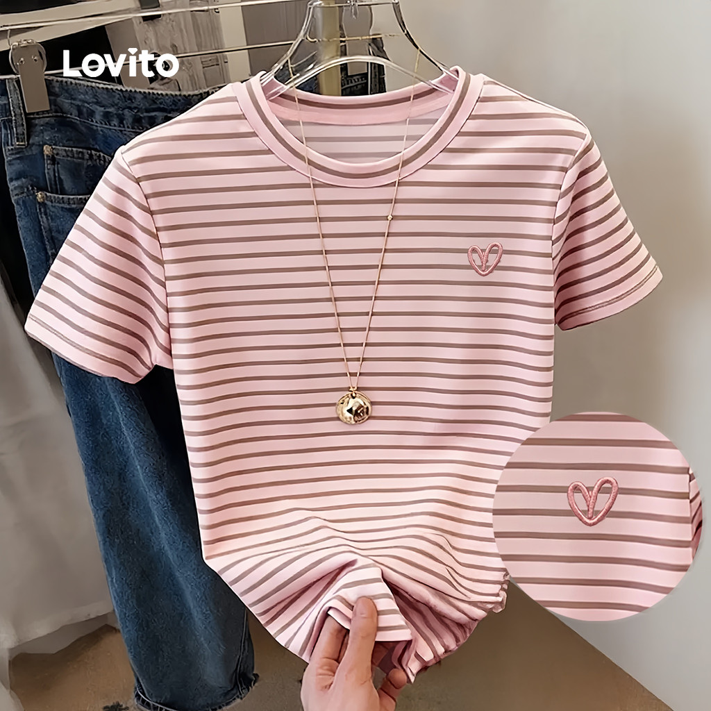 (New Arrival) Lovito Áo thun nữ thêu màu hồng xuân hè TSK8P1D828