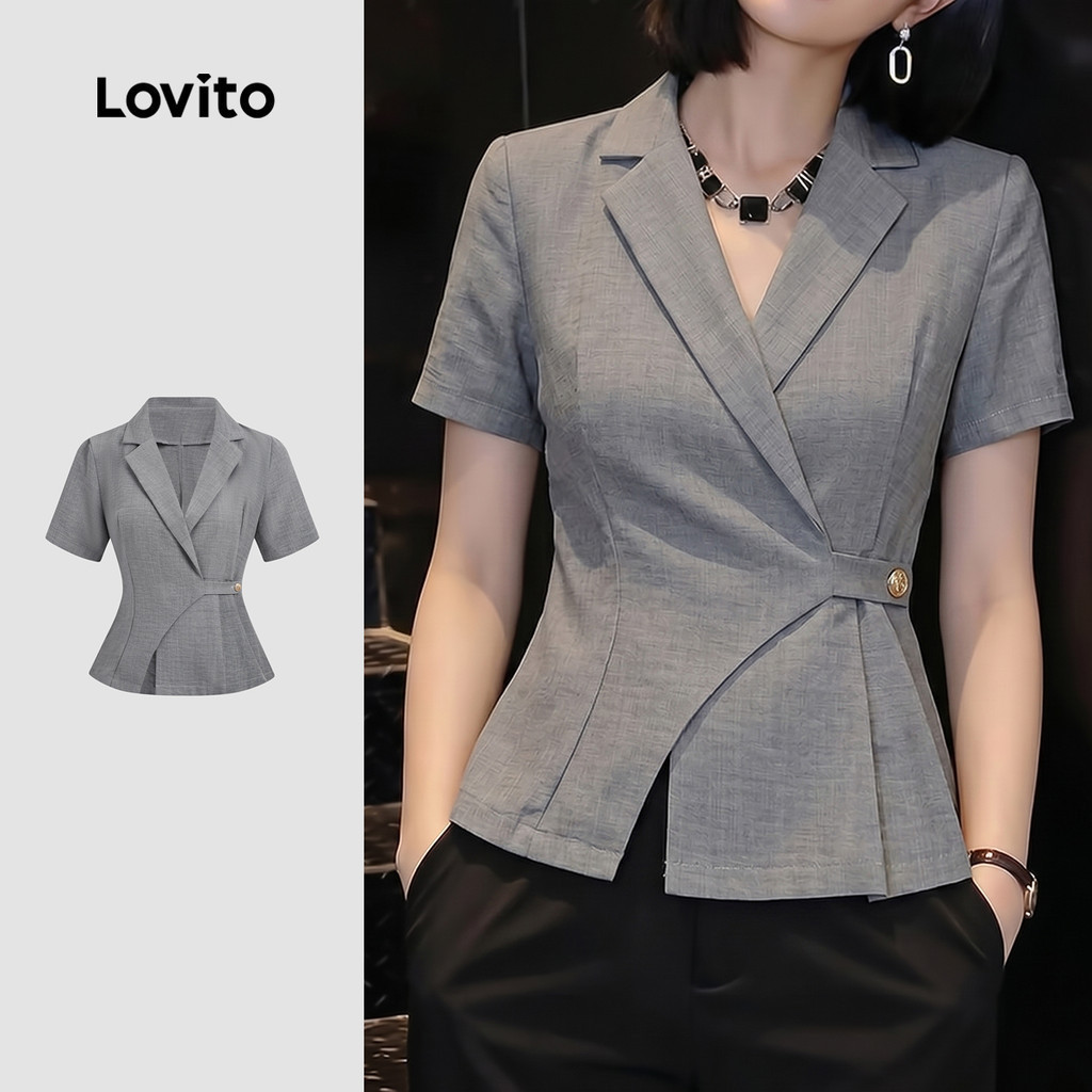 Lovito Áo thanh lịch xếp ly mùa xuân/hè màu xám cho nữ L195ED261