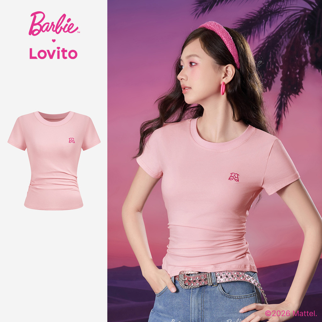 Barbie™ X Lovito Áo Thun Nữ Hồng Thời Trang Xuân/Hè Tay Ngắn Cổ Tròn Thêu Họa Tiết Nhún Co LBL5AD043