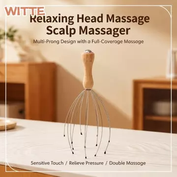 Máy mát xa đầu WITTE, Tay cầm bằng gỗ Máy mát xa da đầu dây kim loại linh hoạt, Đầu tròn di động Tám khung móng vuốt Đầu mịn Công cụ thư giãn da đầu Chăm sóc đầu hàng ngày
