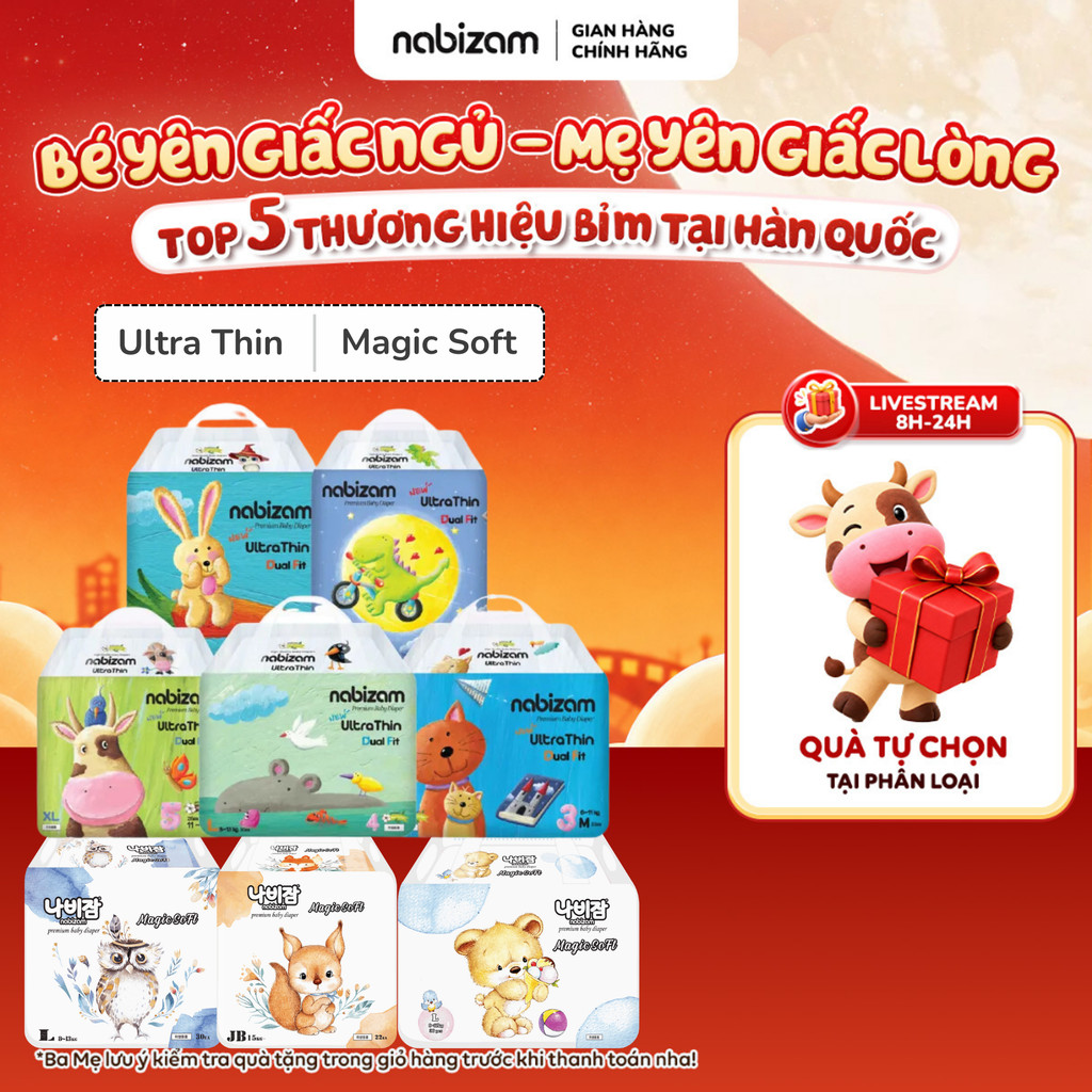 [Quà tự chọn] [4 BỊCH] Tã/Bỉm Nabizam Ultra Thin, Magic Soft Nội Địa Hàn Siêu Mềm Mỏng, Thoáng Khi, Cho Bé Từ 3-25kg