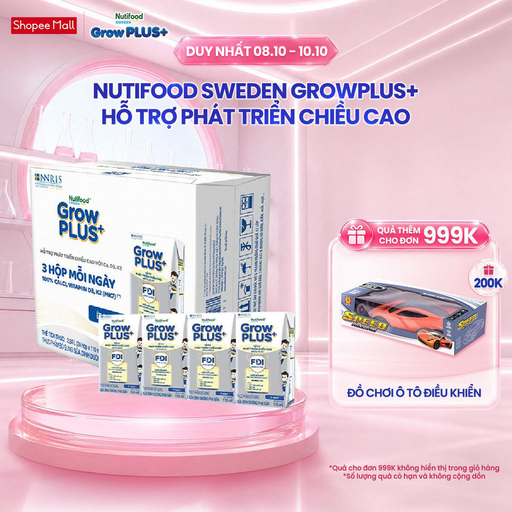 Thùng 24 hộp Sữa Bột Pha Sẵn Nutifood Sweden GrowPLUS+ Cao lớn vượt trội hộp 110 ml