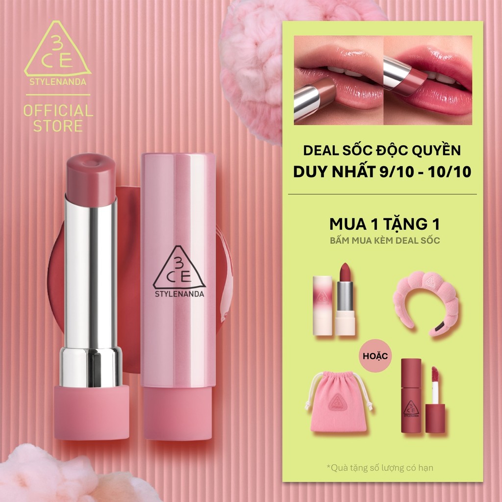 Son Bóng 3CE Glazy Lip Glow Dưỡng Môi Căng Mọng, Mềm Mịn, Lên Màu Chuẩn Sắc, Không Bết Dính, Tự Nhiên