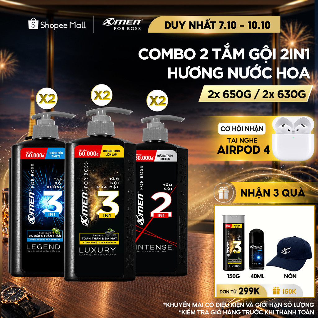 Combo 2 Tắm Gội X-Men for Boss 630g 650g/chai Luxury/Intense/Legend, Hương Nước Hoa Châu Âu