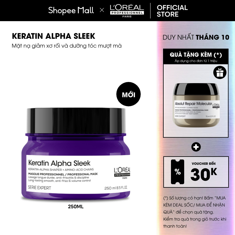  Mặt nạ giảm xơ rối và dưỡng tóc mượt mà SERIE EXPERT KERATIN ALPHA SLEEK PROFESSIONAL MASK 250ML