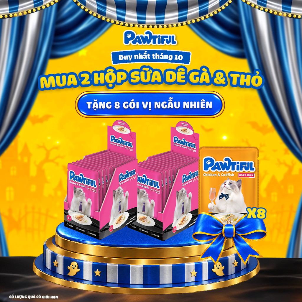 [MUA 2 HỘP TẶNG 8 GÓI] 2 Hộp Pate Pawtiful cho mèo dạng Sữa dê vị Gà & thỏ 2hộp x12túi x70g