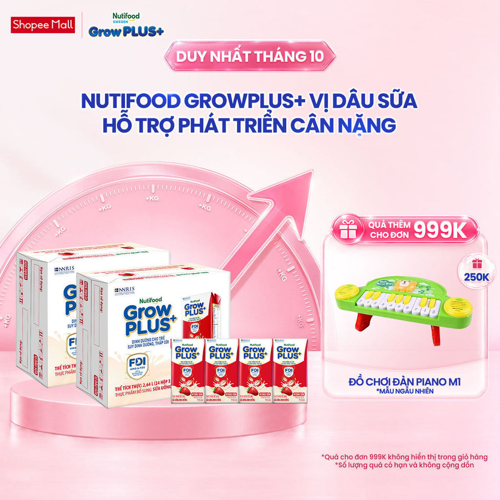 Combo 2 Thùng 24 hộp Sữa bột pha sẵn Nutifood GrowPLUS+ Vị Dâu Sữa hộp 110ml - Trên 1 tuổi