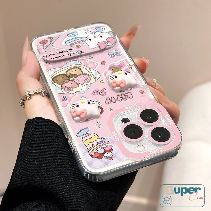 Ốp Lưng Cho Realme C61 C53 C55 C63 C67 C51 C75 C25Y Note 50 60 C21 C25 5S 11 6i 5 9i 5i C2 C3 C15 C65 12 Thời Trang Dễ Thương 3D Hello Kitty Kem Món Tráng Miệng Gương Giá Đỡ Mềm