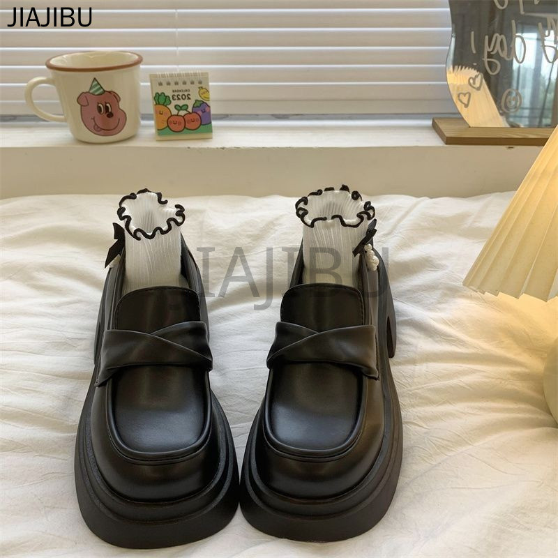 Size 35-43 Giày Lười Mũi Tròn Chống Trượt Chất Lượng Cao Cỡ Lớn Phong Cách Anh Dành Cho Nữ 42 Korean Fashion Beige / Black Platform Mary Jane Small Leather Shoes 41 Giày Cao Gót Dày JK Lolita Nhật Bản Đi Học