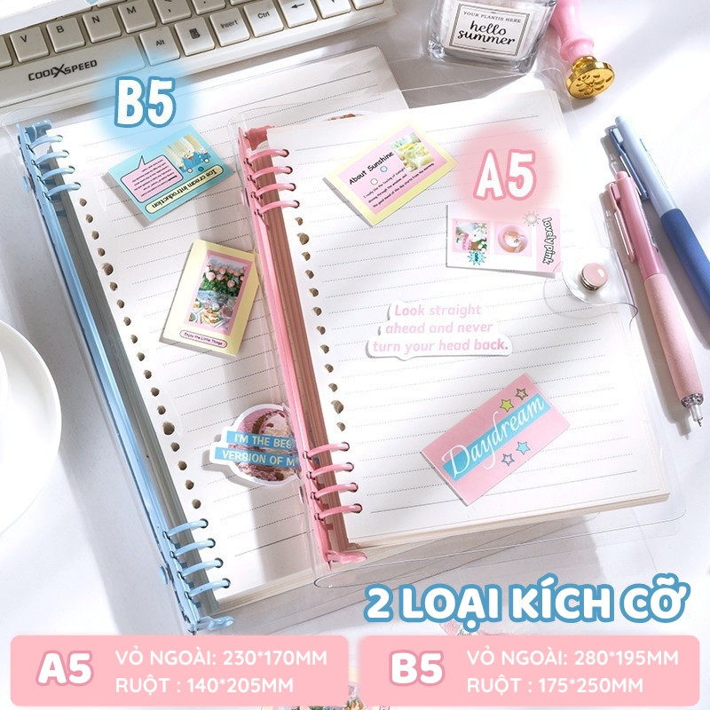Sổ Còng Thay Giấy Trong Suốt A5 Kèm Sticker Trang Trí – Sổ Ghi Chép, Planner, Bullet Journal Dễ Thương