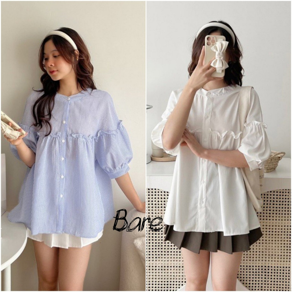Áo kiểu babydoll tay ngắn phối bèo thiết kế tay phồng cổ trụ thời trang hàn quốc sang trọng, xinh xắn- A199