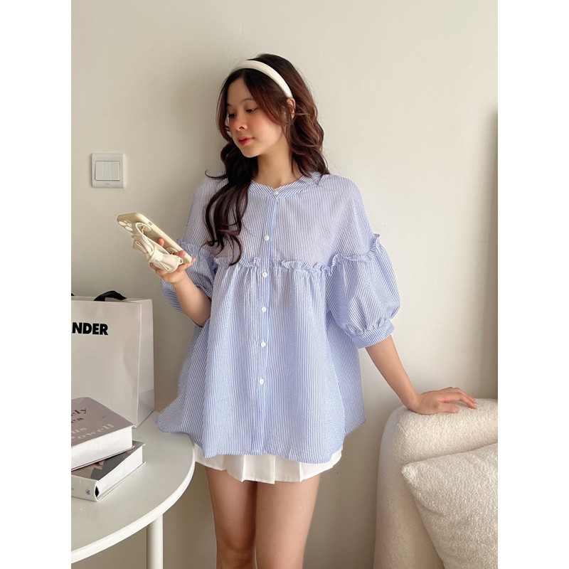 Áo kiểu babydoll tay ngắn phối bèo thiết kế tay phồng cổ trụ thời trang hàn quốc sang trọng, xinh xắn- A199