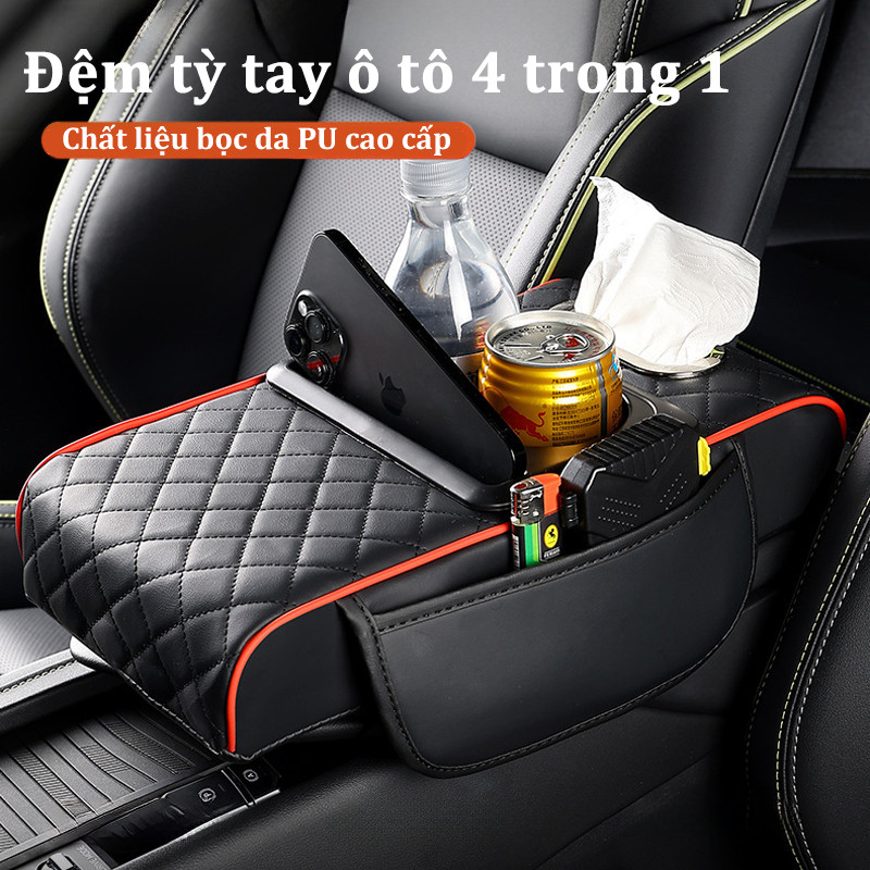 Đệm tỳ tay ô tô 4 trong 1, có hộp đựng đa năng, có giá đỡ cốc, Chất liệu bọc da PU cao cấp